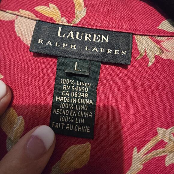 Lauren Ralph Lauren 100% Linen Floral Camp Shirt Womens LG Red Tan Boho Chintz - Picture 4 of 8